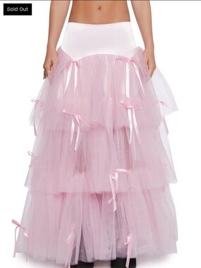 Dolls Kill Pink Layered Tulle Maxi Skirt with Ribbon Bows